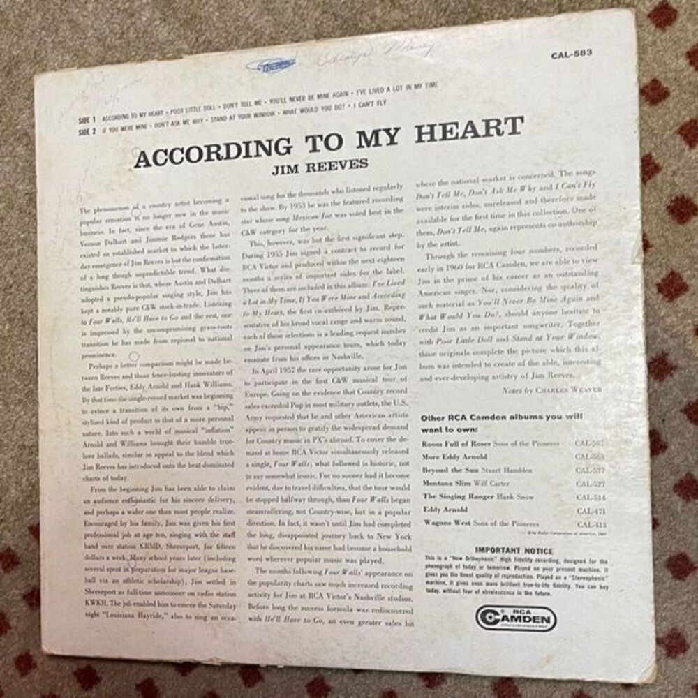 Jim Reeves - According To‎ My Heart record - Picture 2 of 2